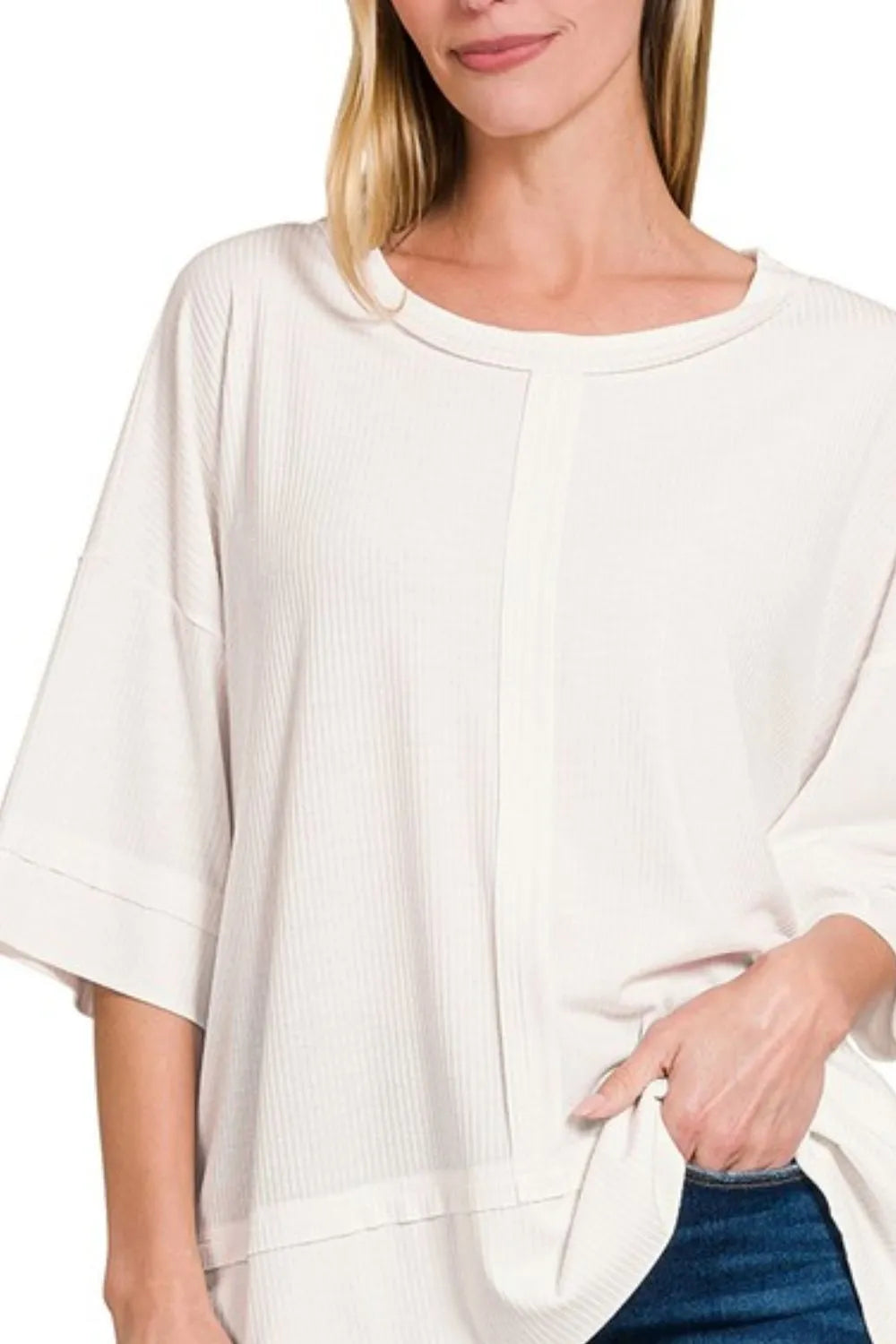 Zenana Ribbed Boat Neck 3/4 Sleeve Top - Love Salve